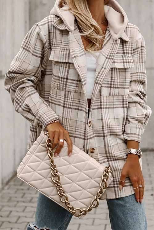 Plaid Shacket With Removable Hood - Khaki