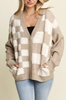 Puff Checker Sweater Cardigan - Taupe