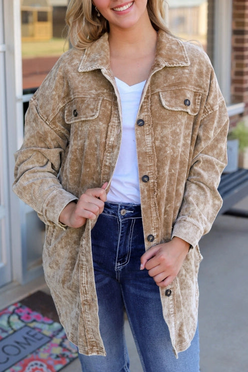 Vintage Distressed Oversized Shacket - Khaki