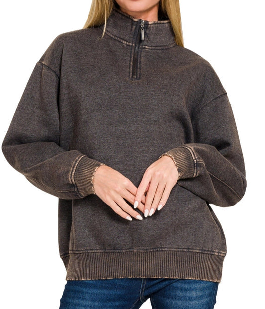 Vintage Wash Half Zip Pullover - Ash Black