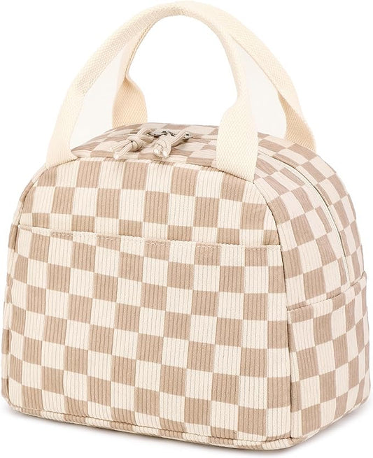 Tote Lunch Bag - Brown Checkered Corduroy