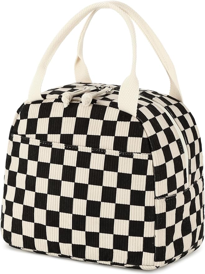 Tote Lunch Bag - Black Checkered Corduroy