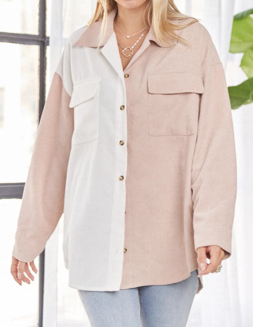 Colorblock Corduroy Shacket - White & Mauve