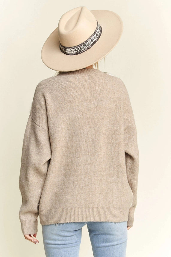 Puff Checker Sweater Cardigan - Taupe