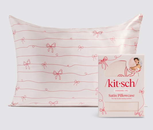 Holiday Satin Pillowcase in Striped Bows