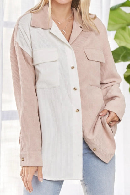 Colorblock Corduroy Shacket - White & Mauve