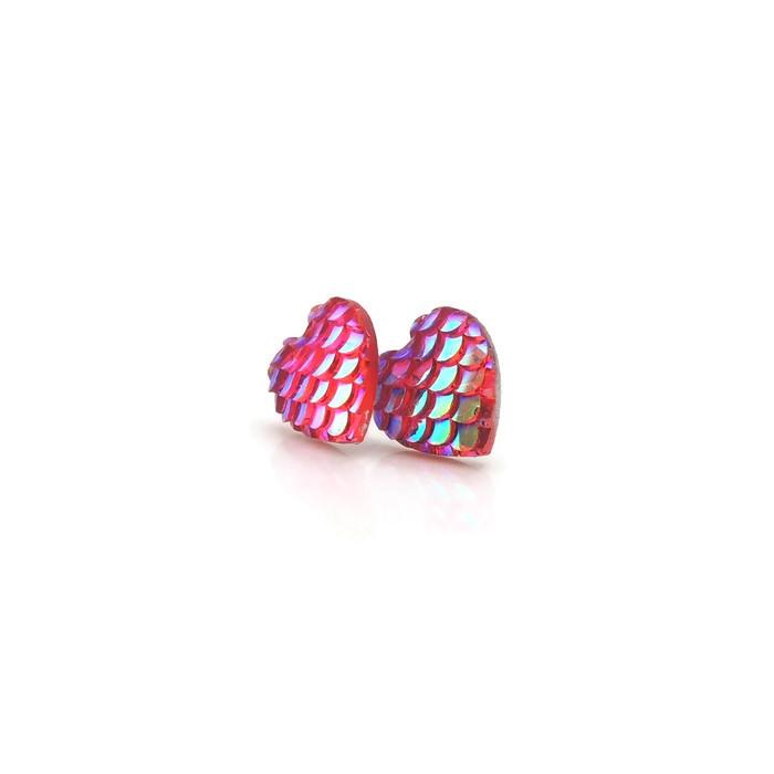 Dark Pink Mermaid Scale Heart Shaped Earrings