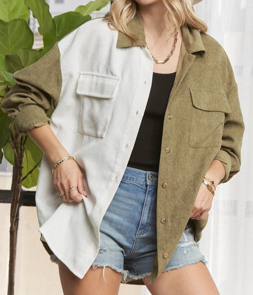 Colorblock Corduroy Shacket - White & Olive