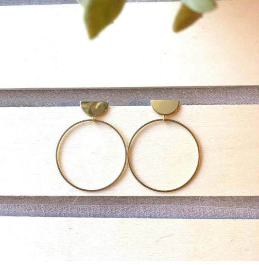 Gold Plated Half Moon Stud with Large Hoop Earrings - Brass