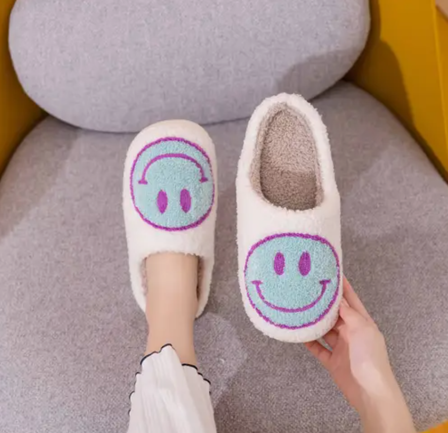 Plush Fleece Slippers - White and Sky Blue