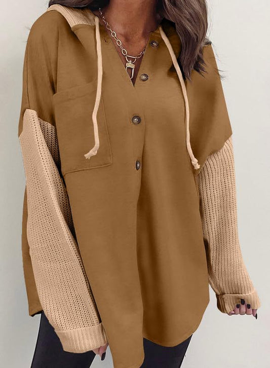 Colour Block Hoodie Sweatshirt - Camel