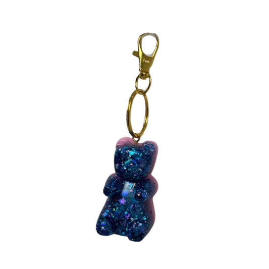 Resin Bear Keychain - Pink with Blue Glitter