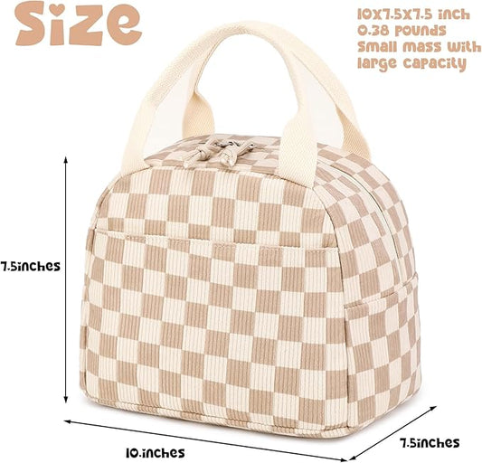 Tote Lunch Bag -  Brown Checkered Corduroy