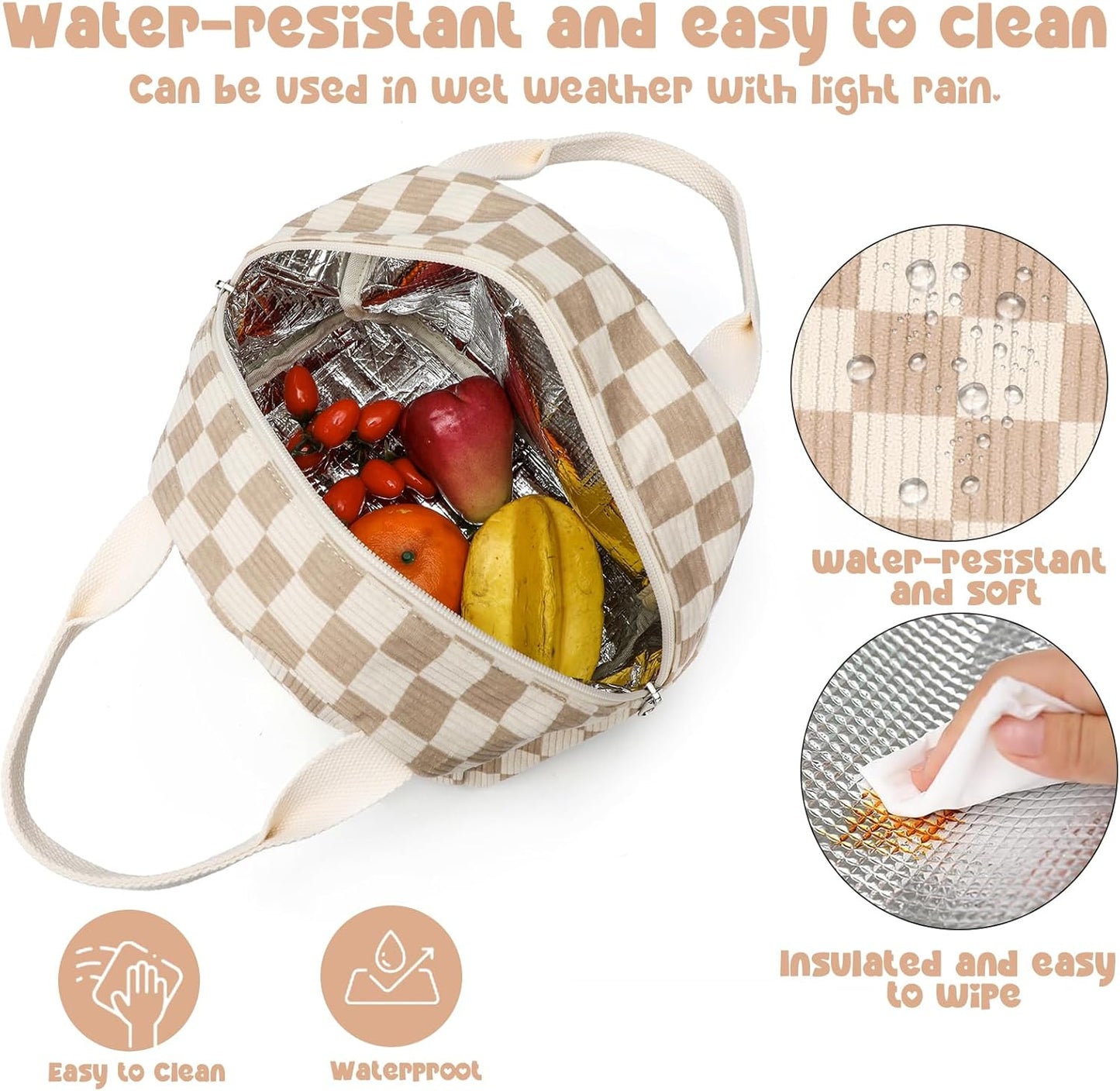 Tote Lunch Bag -  Brown Checkered Corduroy