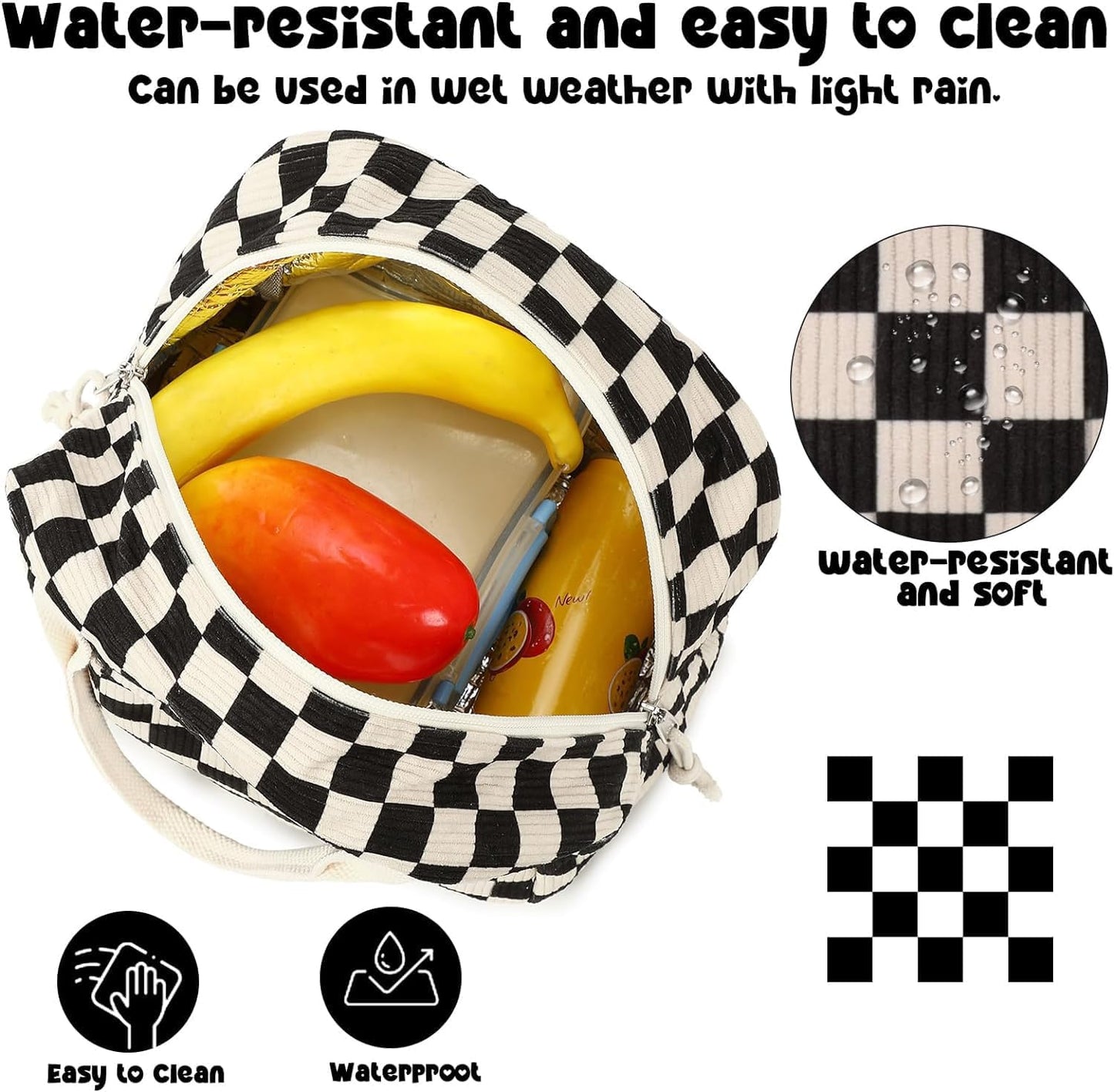 Tote Lunch Bag -  Black Checkered Corduroy