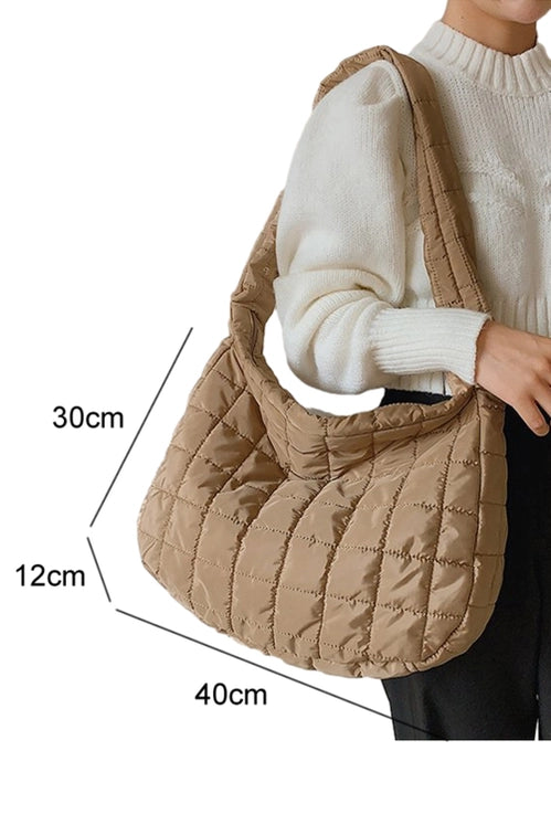 Quilted Zipper Large Shoulder Bag - Cream
