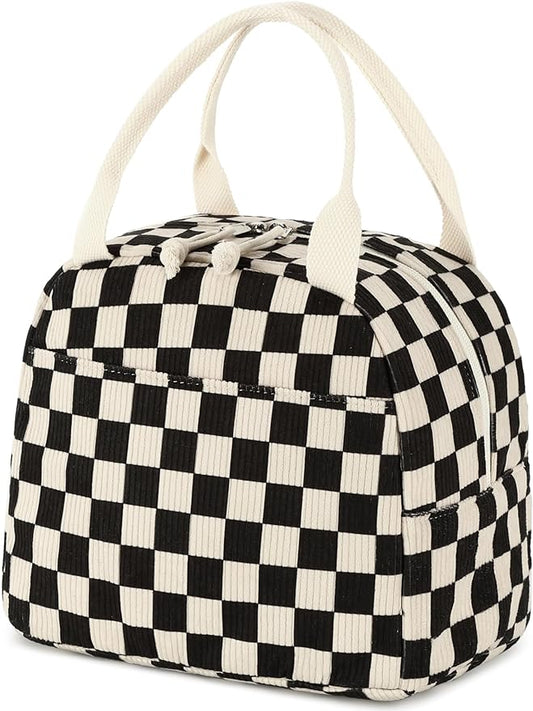 Tote Lunch Bag -  Black Checkered Corduroy