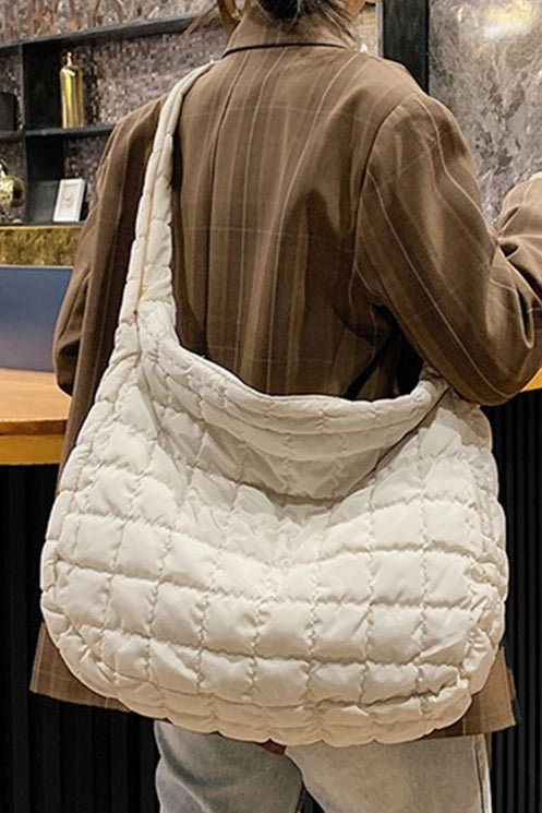 Quilted Zipper Large Shoulder Bag - Cream