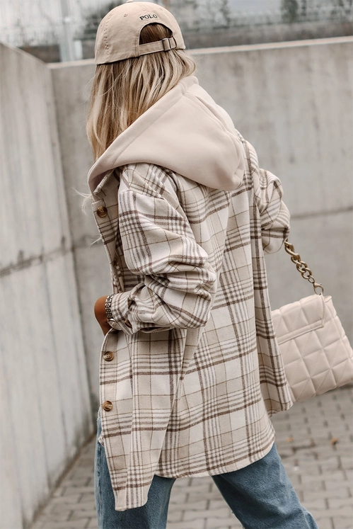 Plaid Shacket With Removable Hood - Khaki