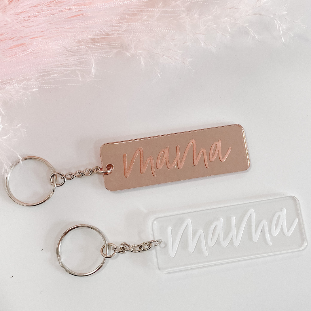 Mama Script Engraved Rectangle Keychain - Rosegold